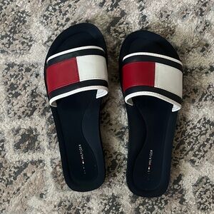 Tommy Hilfiger Black, Red, and White Slide Sandals